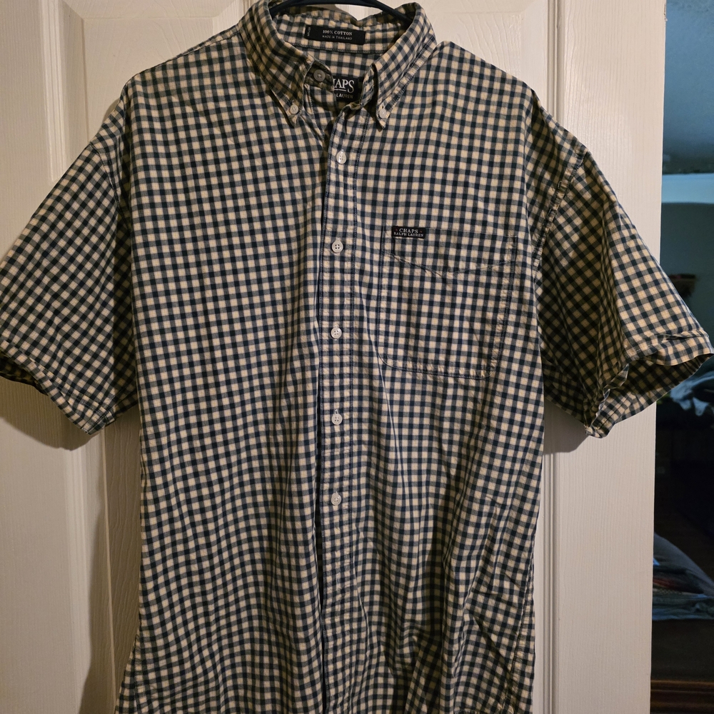 Chaps By Ralph Lauren Men's Blue and Cream Checkered Shirt